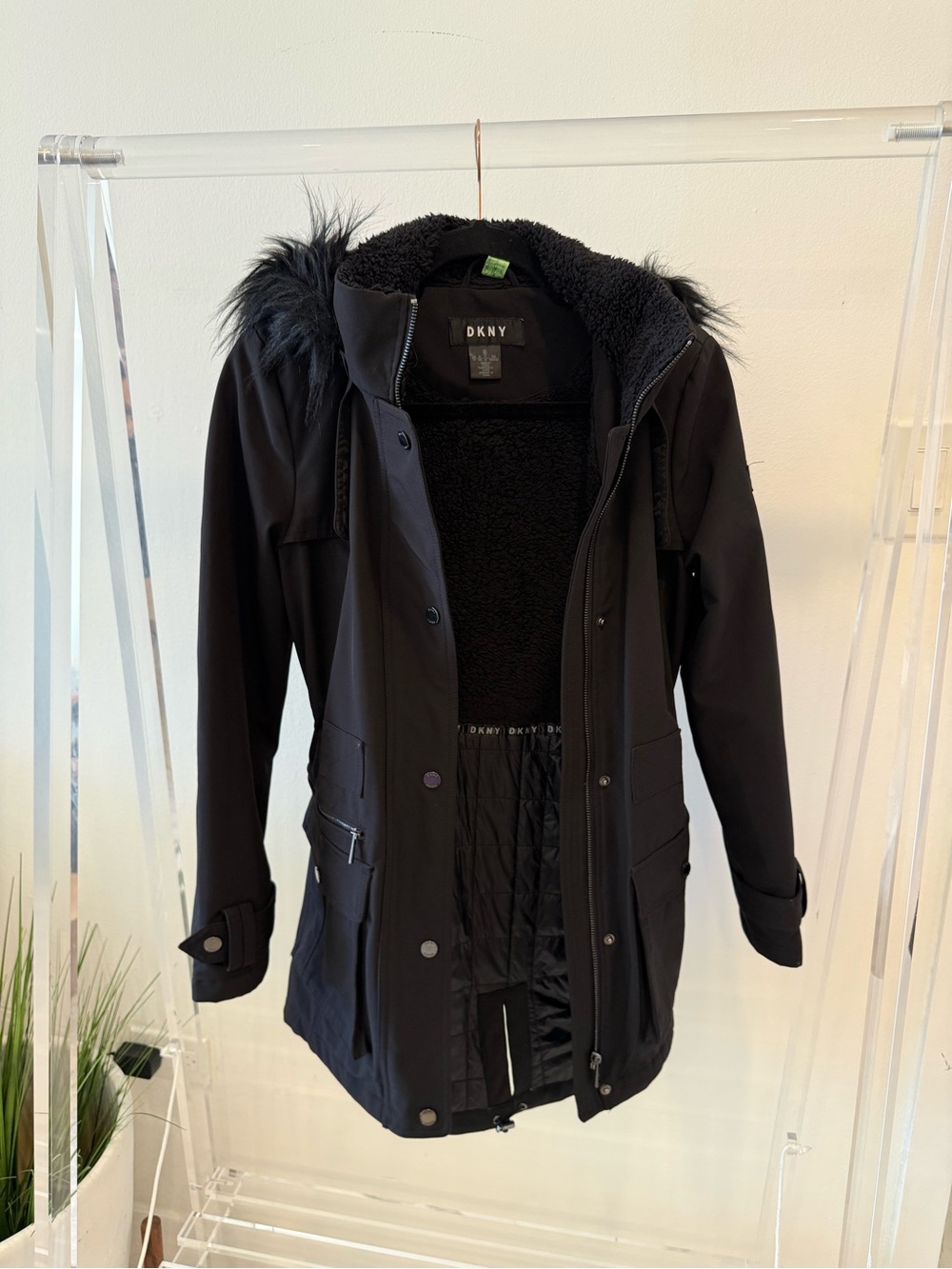 DKNY Black Faux-Fur Trim Hooded Parka
